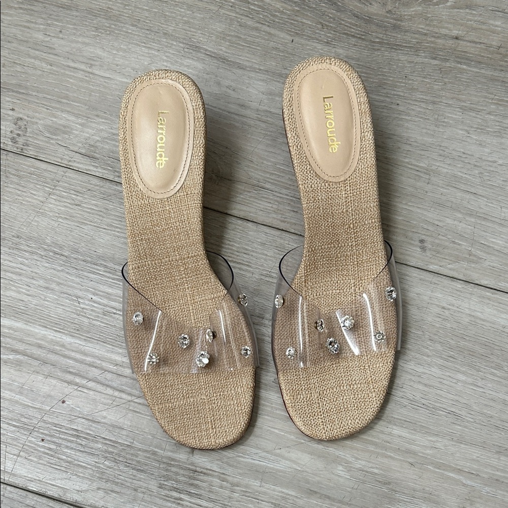 BRAND NEW!! Larroude Tan Sandals with Clear Embellishments, gorgeous !!
